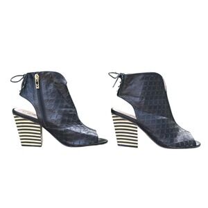 House of Harlow 1960 Open Toe Rilie Booties Striped Heel Lace Up Back Sz EU 38.5